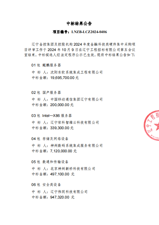 遼寧金控集團(tuán)及控股機(jī)構(gòu)2024年度金融科技類硬件集中采購項目結(jié)果公告